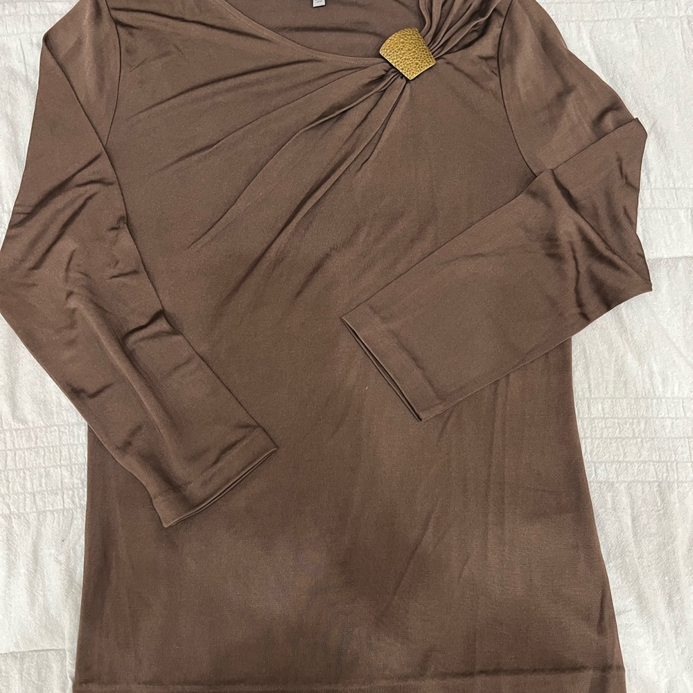 Elegant Brown Long Sleeve Top with Gold Accent Detail
